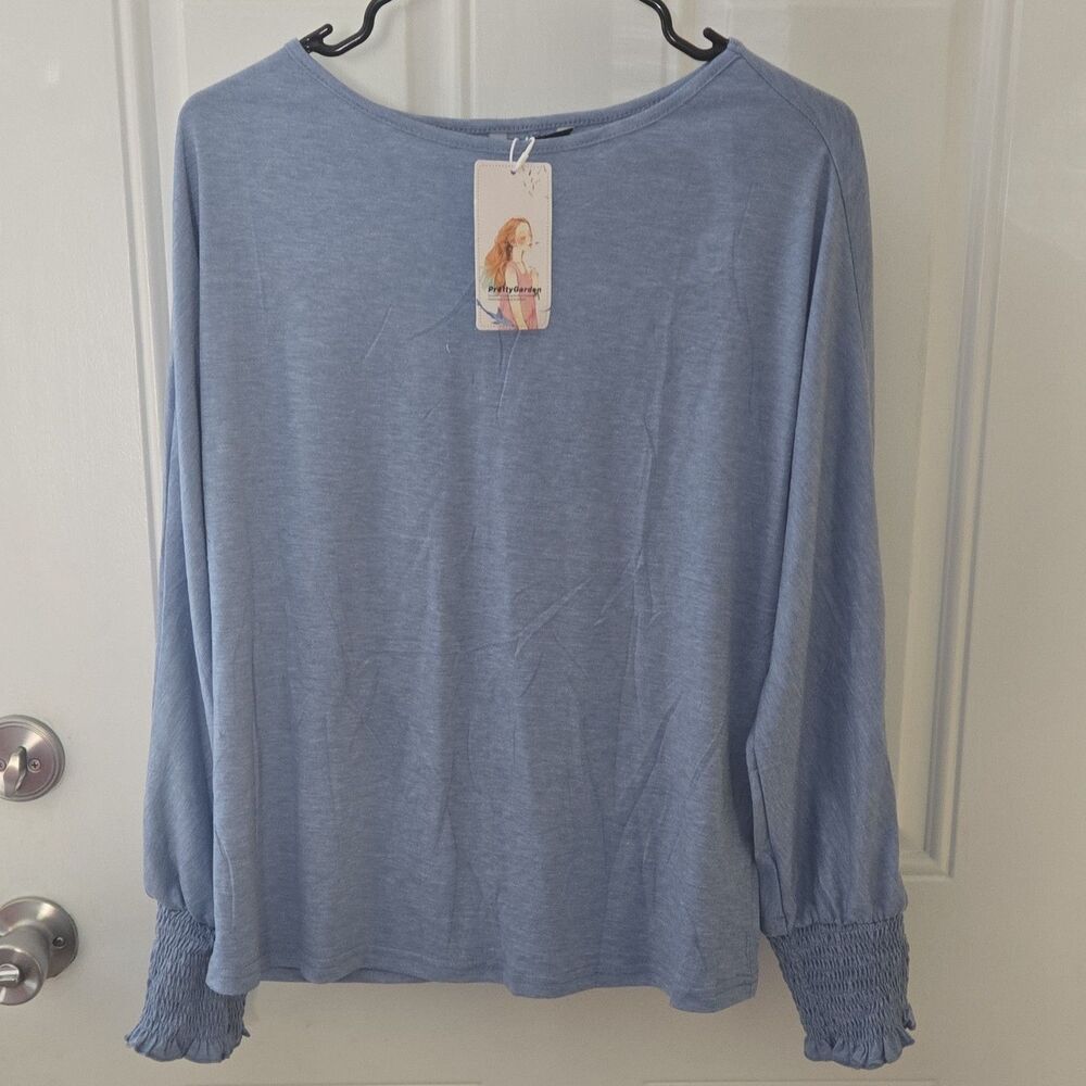 PrettyGarden Blue Knit Smocked Cuff Long Sleeve Blouse Size M